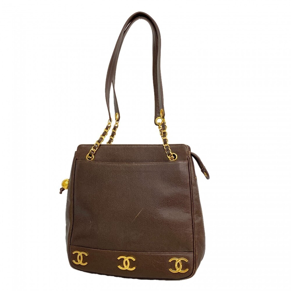 Chanel Shoulder Bag Triple Coco Caviar Skin Brown Gold Hardware